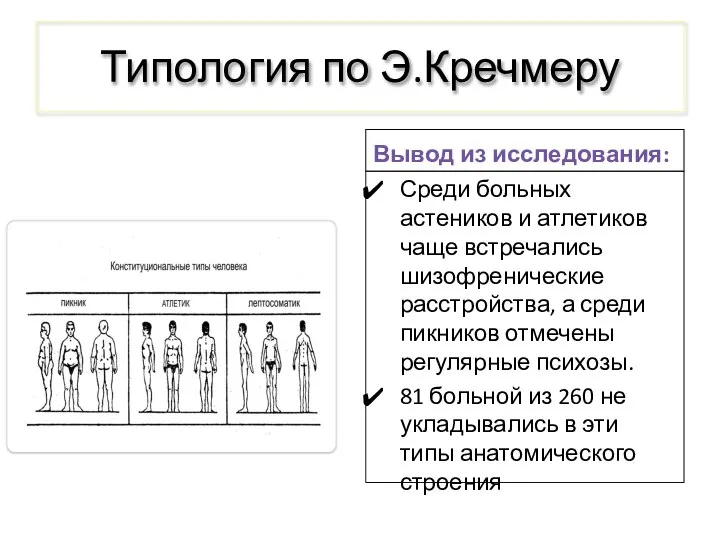 Типология по Э.Кречмеру Вывод из исследования: Среди больных астеников и атлетиков чаще