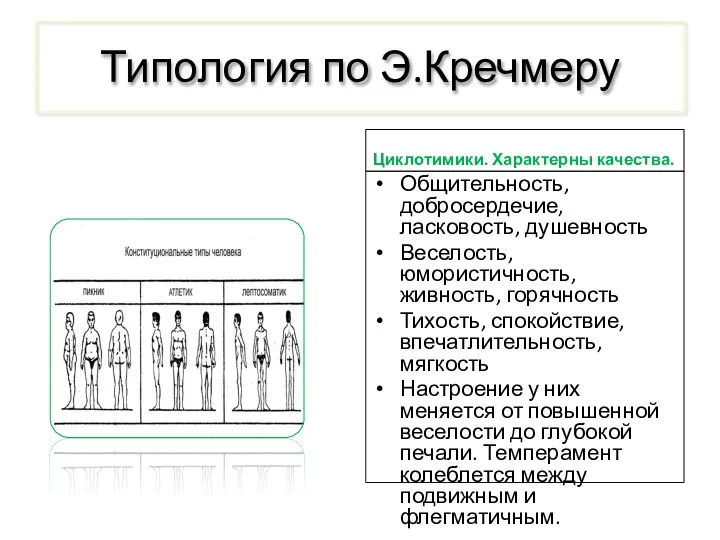 Типология по Э.Кречмеру Циклотимики. Характерны качества. Общительность, добросердечие, ласковость, душевность Веселость, юмористичность,