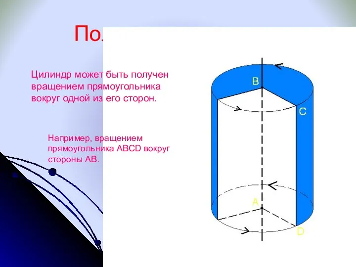 Получение цилиндра Цилиндр может быть получен вращением прямоугольника вокруг одной из его