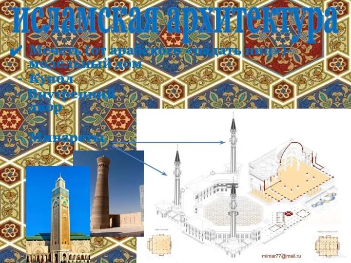 Мечеть (от арабского «падать ниц»)- молельный дом Купол - Внутренний двор Минареты исламская архитектура