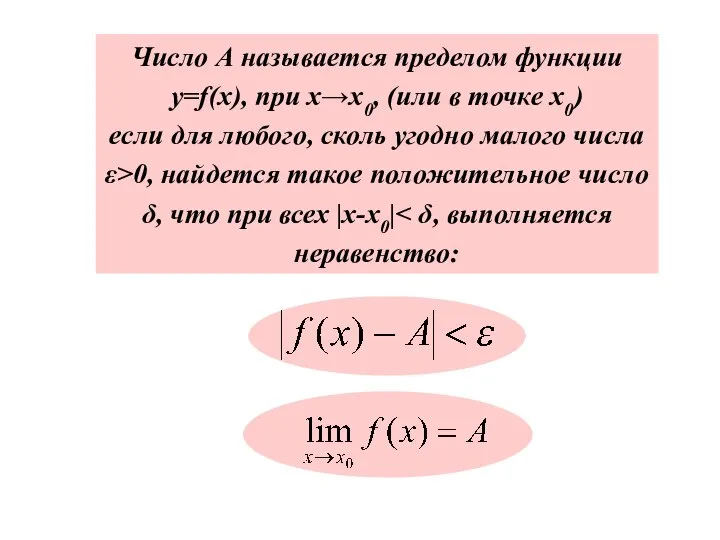 Число А называется пределом функции у=f(x), при х→x0, (или в точке x0)