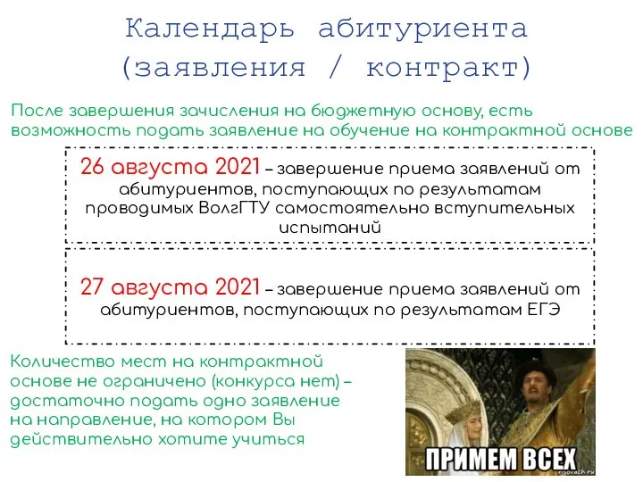 Календарь абитуриента (заявления / контракт) 26 августа 2021 – завершение приема заявлений