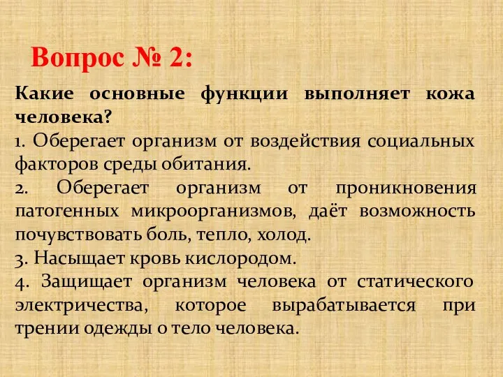 Вопрос № 2: Какие основные функции выполняет кожа человека? 1. Оберегает организм