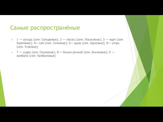 Самые распространёные 1 — сельдь (сем. Сельдевые); 2 — лосось (сем. Лососевые);