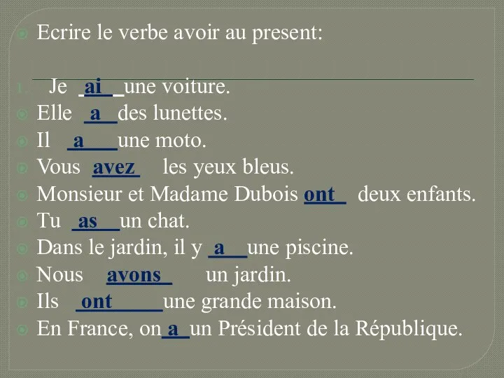 Ecrire le verbe avoir au present: Je ai une voiture. Elle a