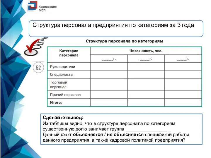 Структура персонала предприятия по категориям за 3 года Сделайте вывод: Из таблицы