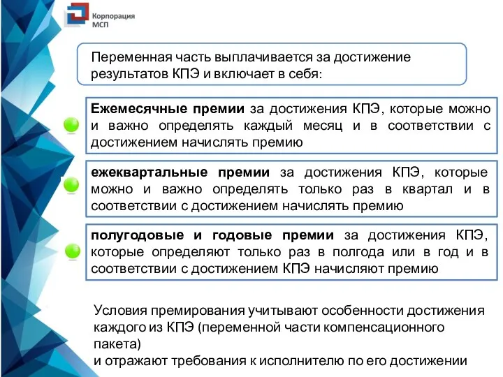 Переменная часть выплачивается за достижение результатов КПЭ и включает в себя: Ежемесячные