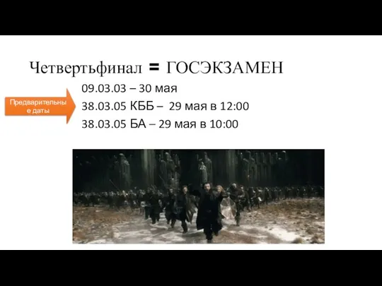 Четвертьфинал = ГОСЭКЗАМЕН 09.03.03 – 30 мая 38.03.05 КББ – 29 мая