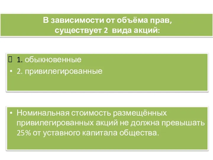 1. обыкновенные 2. привилегированные Номинальная стоимость размещённых привилегированных акций не должна превышать