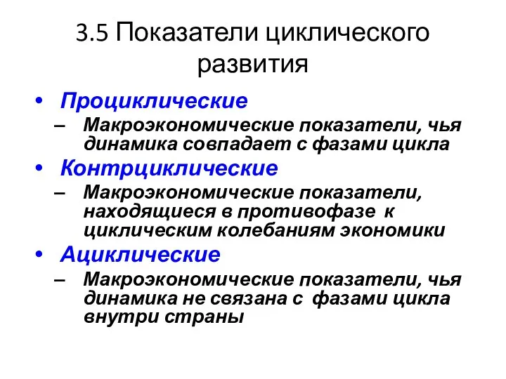 3.5 Показатели циклического развития Проциклические Макроэкономические показатели, чья динамика совпадает с фазами