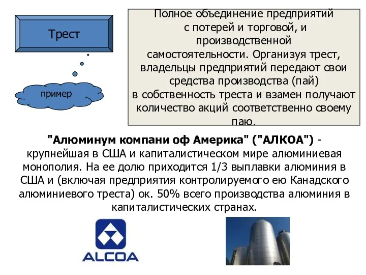 Трест Полное объединение предприятий с потерей и торговой, и производственной самостоятельности. Организуя