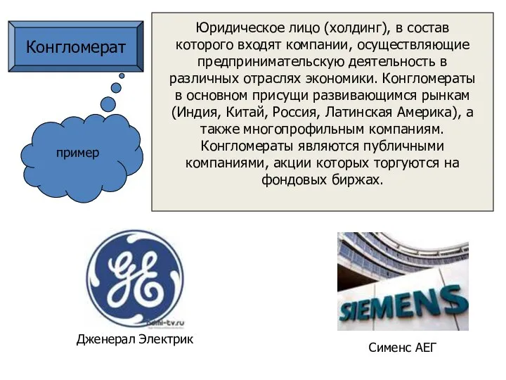 Конгломерат Юридическое лицо (холдинг), в состав которого входят компании, осуществляющие предпринимательскую деятельность