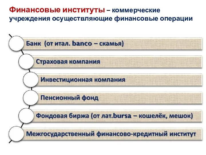 Финансовые институты – коммерческие учреждения осуществляющие финансовые операции