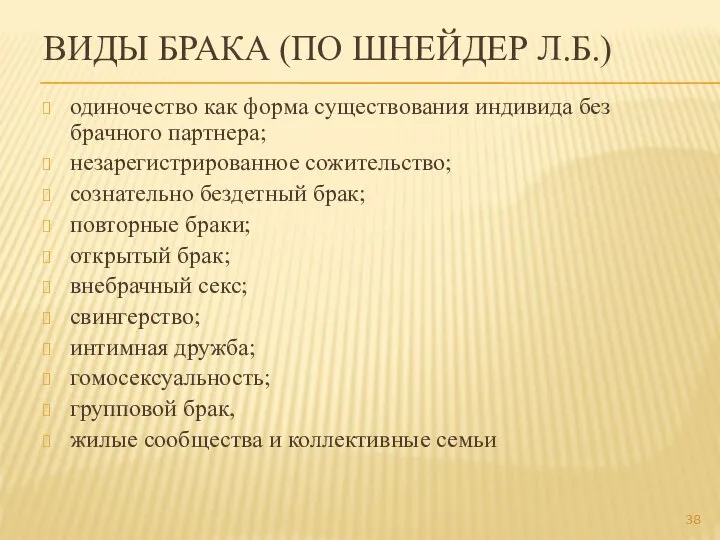 ВИДЫ БРАКА (ПО ШНЕЙДЕР Л.Б.) одиночество как форма существования индивида без брачного