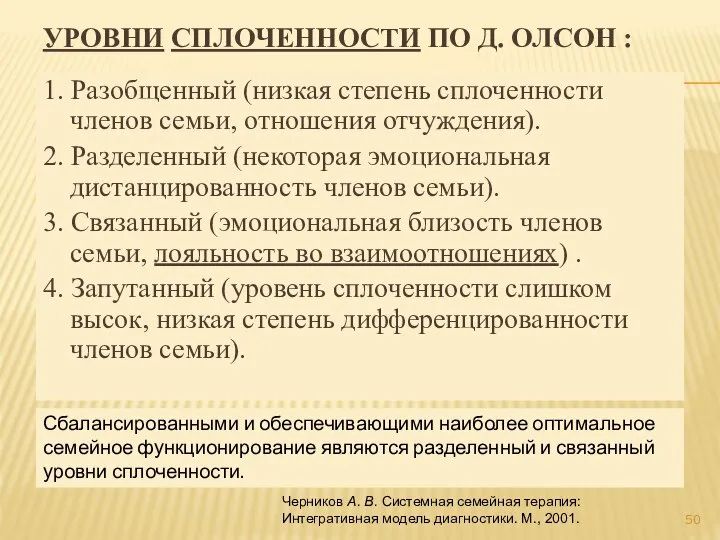 УРОВНИ СПЛОЧЕННОСТИ ПО Д. ОЛСОН : 1. Разобщенный (низкая степень сплоченности членов