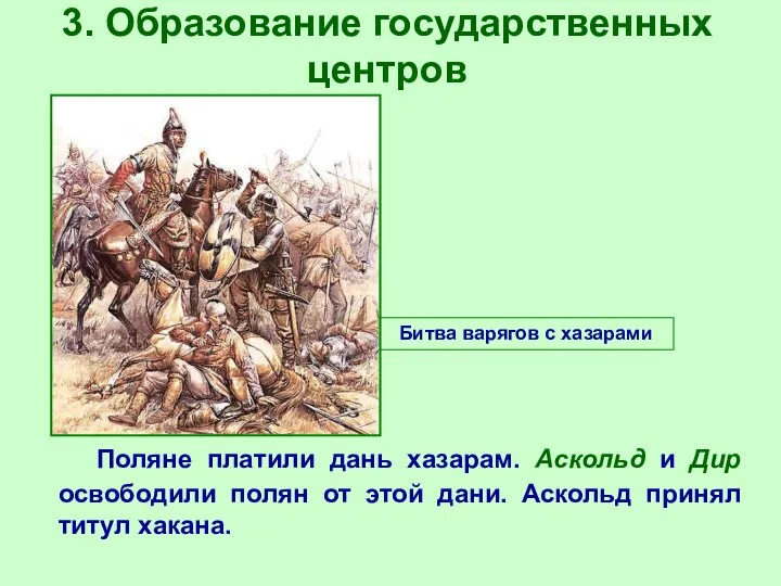 3. Образование государственных центров Поляне платили дань хазарам. Аскольд и Дир освободили