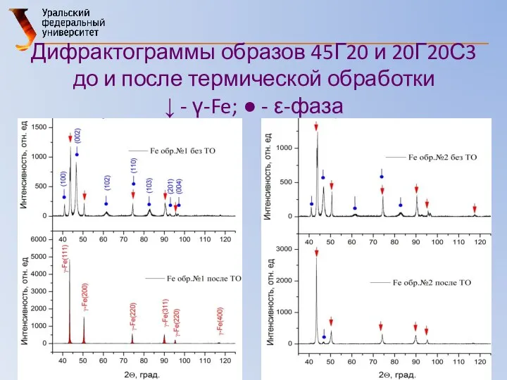 Дифрактограммы образов 45Г20 и 20Г20С3 до и после термической обработки ↓ - γ-Fe; ● - ε-фаза