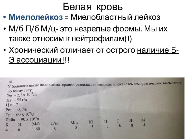 Белая кровь Миелолейкоз = Миелобластный лейкоз М/б П/б М/ц- это незрелые формы.