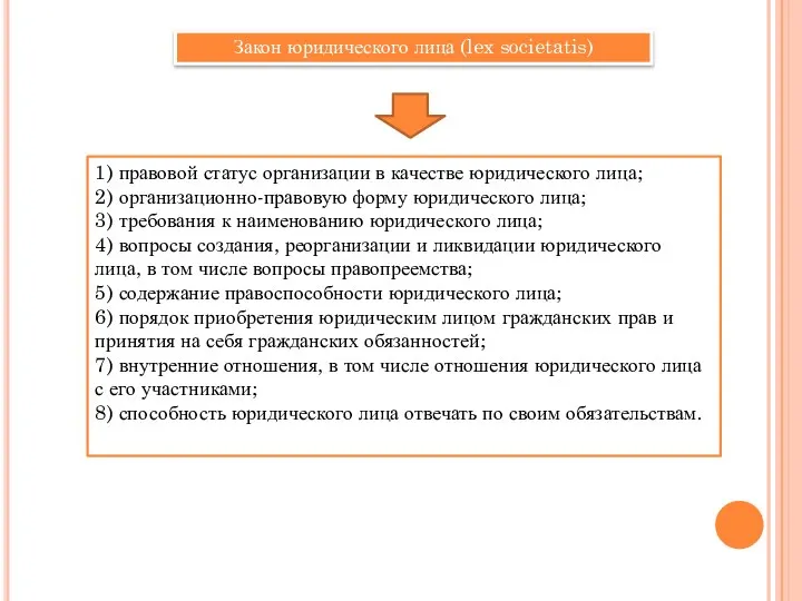 Закон юридического лица (lex societatis) 1) правовой статус организации в качестве юридического