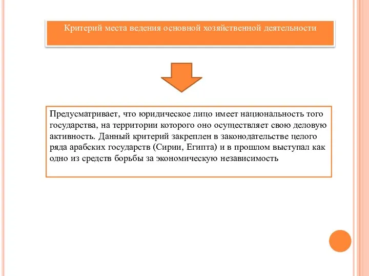 Критерий места ведения основной хозяйственной деятельности Предусматривает, что юридическое лицо имеет национальность