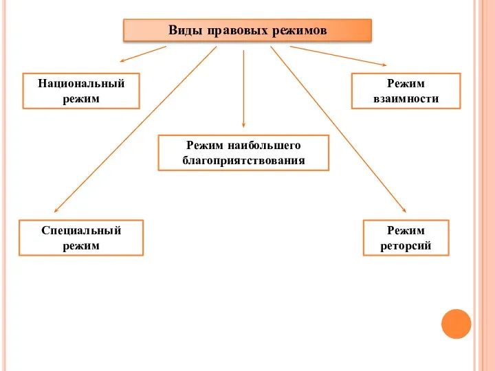 Виды правовых режимов Режим наибольшего благоприятствования Национальный режим Специальный режим Режим взаимности Режим реторсий