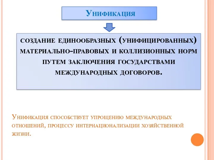 Унификация способствует упрощению международных отношений, процессу интернационализации хозяйственной жизни. Унификация создание единообразных