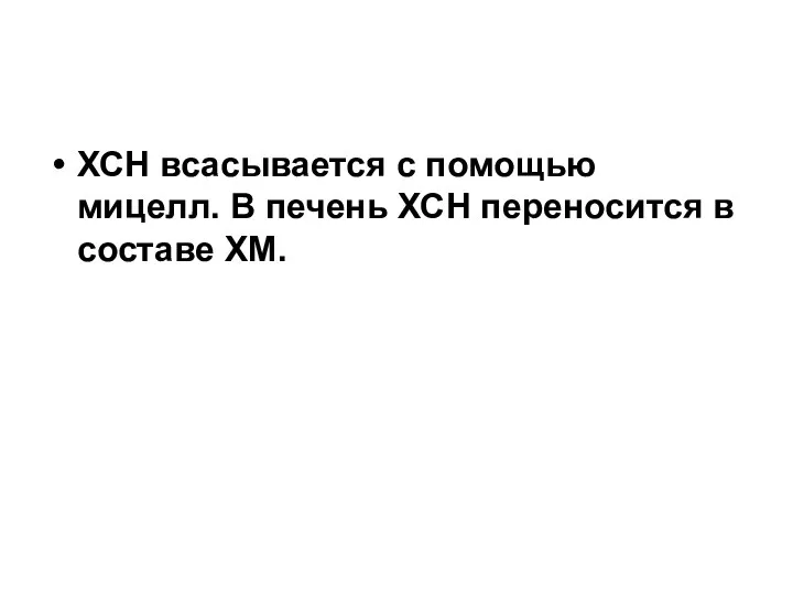 ХСН всасывается с помощью мицелл. В печень ХСН переносится в составе ХМ.