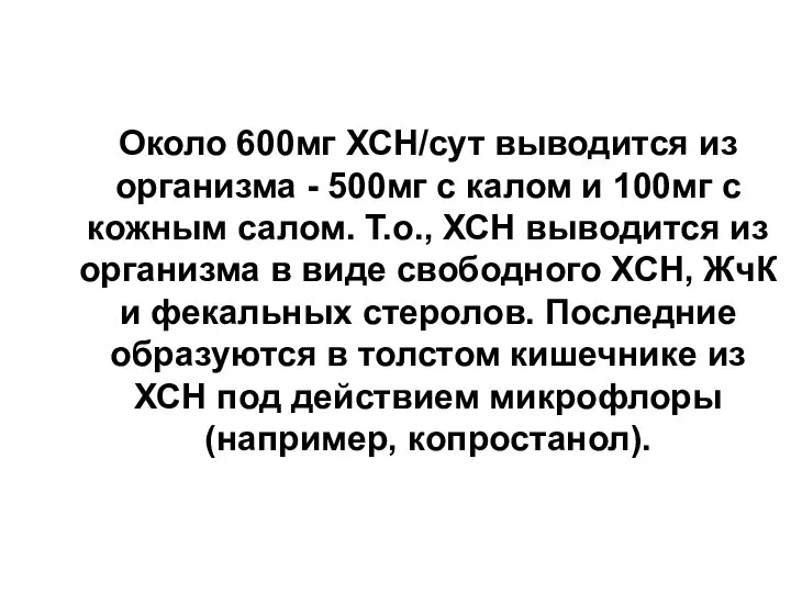 Около 600мг ХСН/сут выводится из организма - 500мг с калом и 100мг