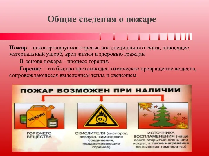 Общие сведения о пожаре Пожар – неконтролируемое горение вне специального очага, наносящее