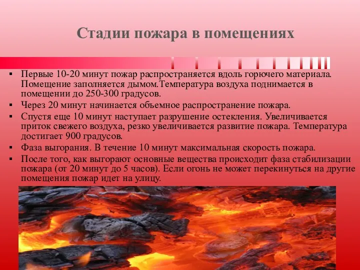 Стадии пожара в помещениях Первые 10-20 минут пожар распространяется вдоль горючего материала.Помещение