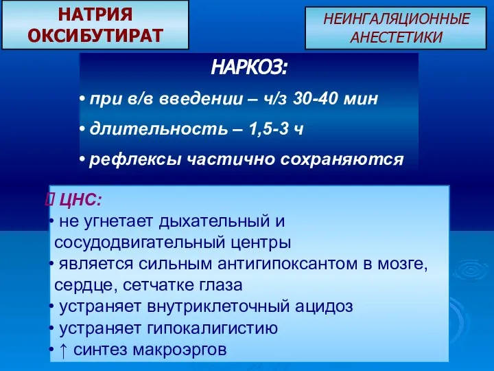 ЦНС: не угнетает дыхательный и сосудодвигательный центры является сильным антигипоксантом в мозге,