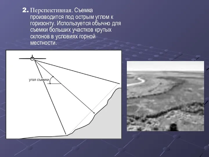 2. Перспективная. Съемка производится под острым углом к горизонту. Используется обычно для