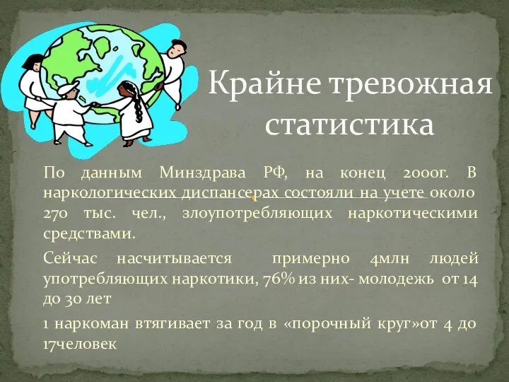 По данным Минздрава РФ, на конец 2000г. В наркологических диспансерах состояли на