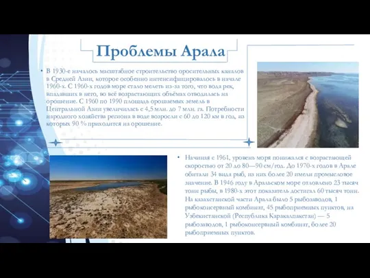 Проблемы Арала В 1930-е началось масштабное строительство оросительных каналов в Средней Азии,