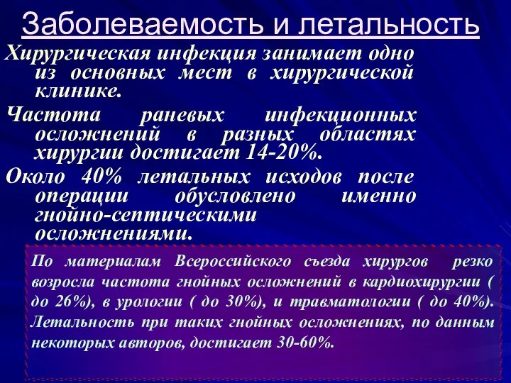 Заболеваемость и летальность Хирургическая инфекция занимает одно из основных мест в хирургической