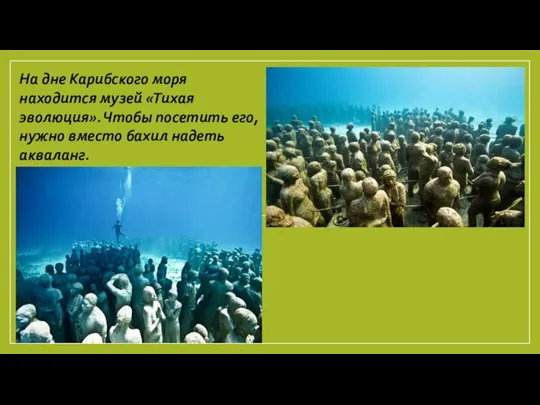 На дне Карибского моря находится музей «Тихая эволюция». Чтобы посетить его, нужно вместо бахил надеть акваланг.