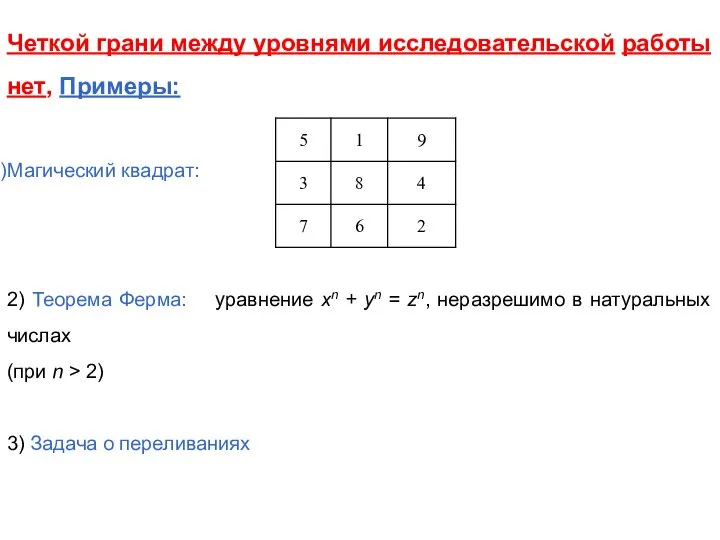 Четкой грани между уровнями исследовательской работы нет, Примеры: Магический квадрат: 2) Теорема