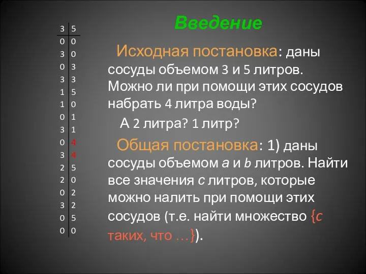 Введение Исходная постановка: даны сосуды объемом 3 и 5 литров. Можно ли