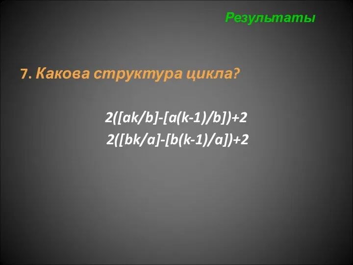 7. Какова структура цикла? 2([ak/b]-[a(k-1)/b])+2 2([bk/a]-[b(k-1)/a])+2 Результаты