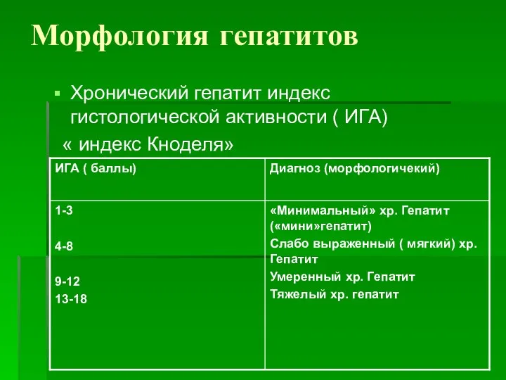 Морфология гепатитов Хронический гепатит индекс гистологической активности ( ИГА) « индекс Кноделя»