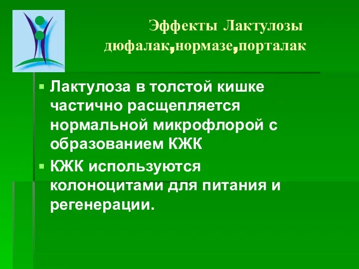 Эффекты Лактулозы дюфалак,нормазе,порталак Лактулоза в толстой кишке частично расщепляется нормальной микрофлорой с