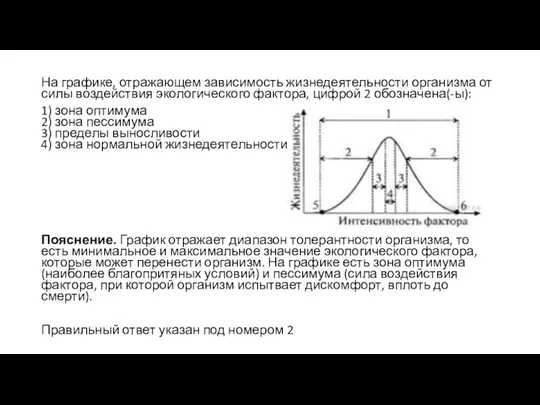 На графике, отражающем зависимость жизнедеятельности организма от силы воздействия экологического фактора, цифрой