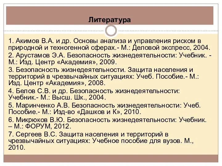 Литература 1. Акимов В.А. и др. Основы анализа и управления риском в