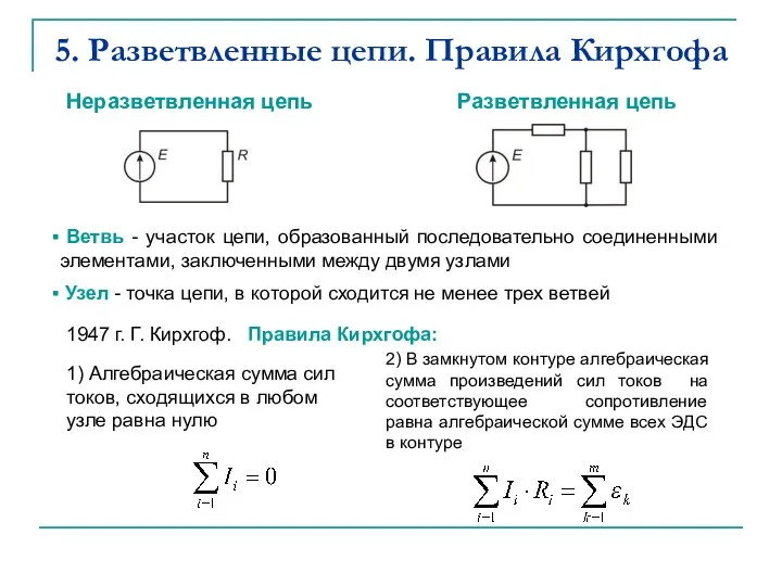 5. Разветвленные цепи. Правила Кирхгофа Неразветвленная цепь Разветвленная цепь Ветвь - участок