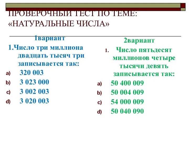 ПРОВЕРОЧНЫЙ ТЕСТ ПО ТЕМЕ: «НАТУРАЛЬНЫЕ ЧИСЛА» 1вариант 1.Число три миллиона двадцать тысяч