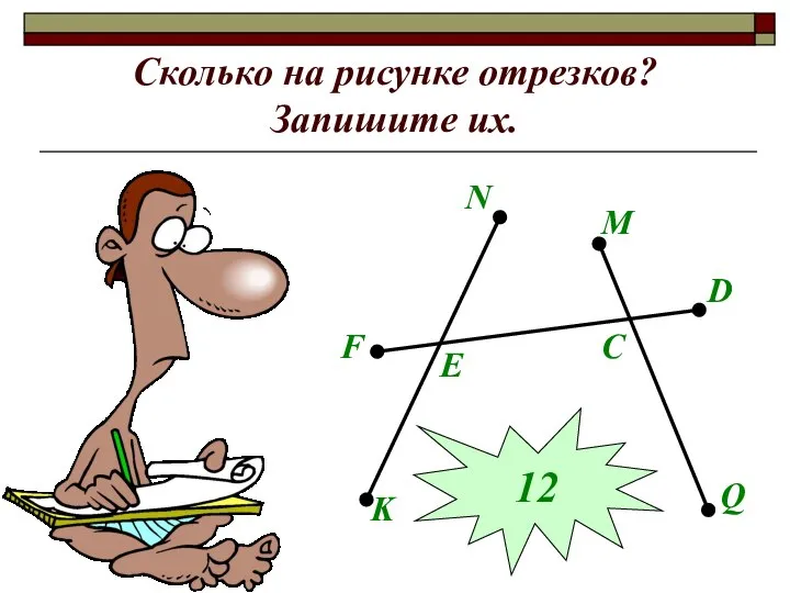 Сколько на рисунке отрезков? Запишите их. N K F D E M Q C 12