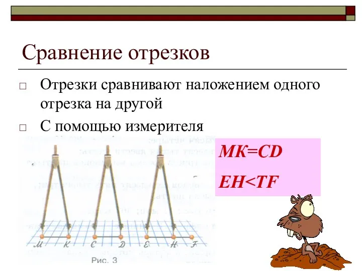 Сравнение отрезков Отрезки сравнивают наложением одного отрезка на другой С помощью измерителя МК=СD ЕН