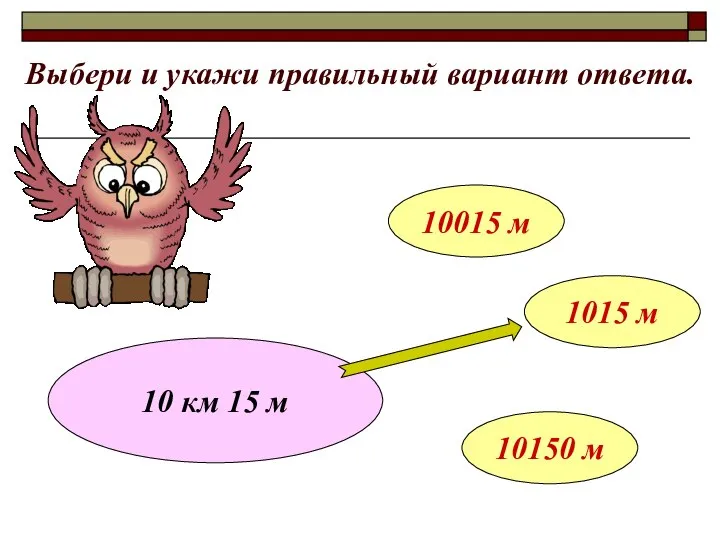 Выбери и укажи правильный вариант ответа. 10 км 15 м 10015 м 1015 м 10150 м