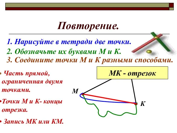 Повторение. 1. Нарисуйте в тетради две точки. 2. Обозначьте их буквами М