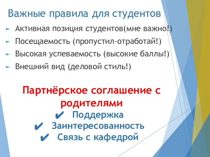 Важные правила для студентов Активная позиция студентов(мне важно!) Посещаемость (пропустил-отработай!) Высокая успеваемость